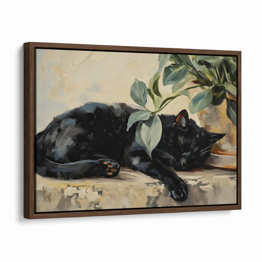 Framed black cat botanical canvas print at 45-degree angle, dark walnut float frame
