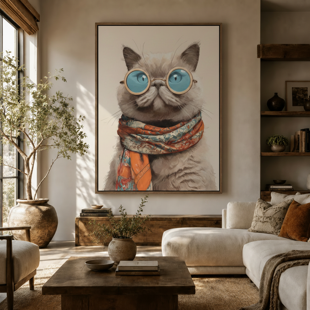 Chic exotic cat sunglasses canvas above sideboard in warm modern living room