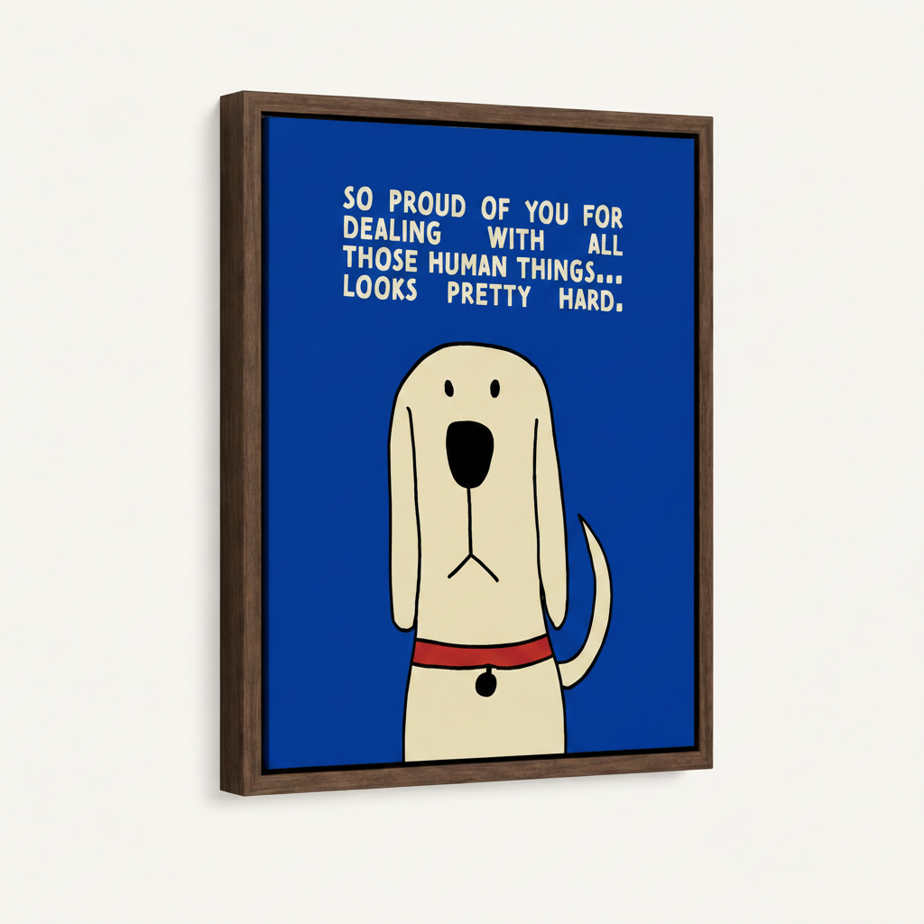  Framed cartoon dog wall art with cobalt blue background and encouraging quote