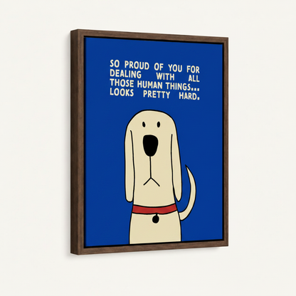  Framed cartoon dog wall art with cobalt blue background and encouraging quote