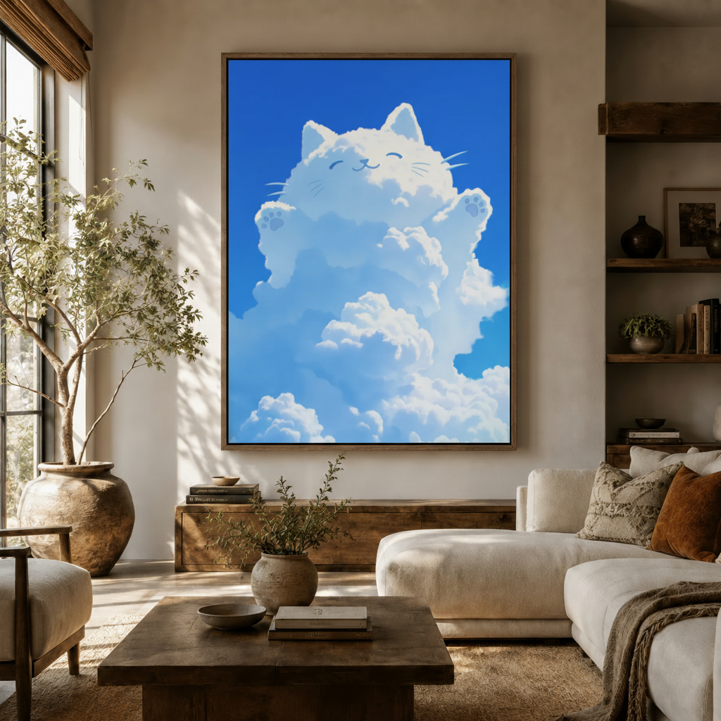 Whimsical cloud cat blue sky canvas above sideboard brightening warm modern living room