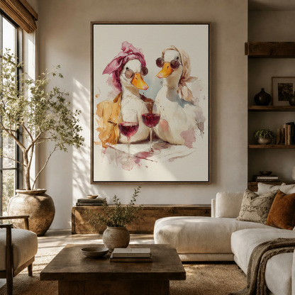 Colorful duck watercolor wall art hanging in bright Japandi living room
