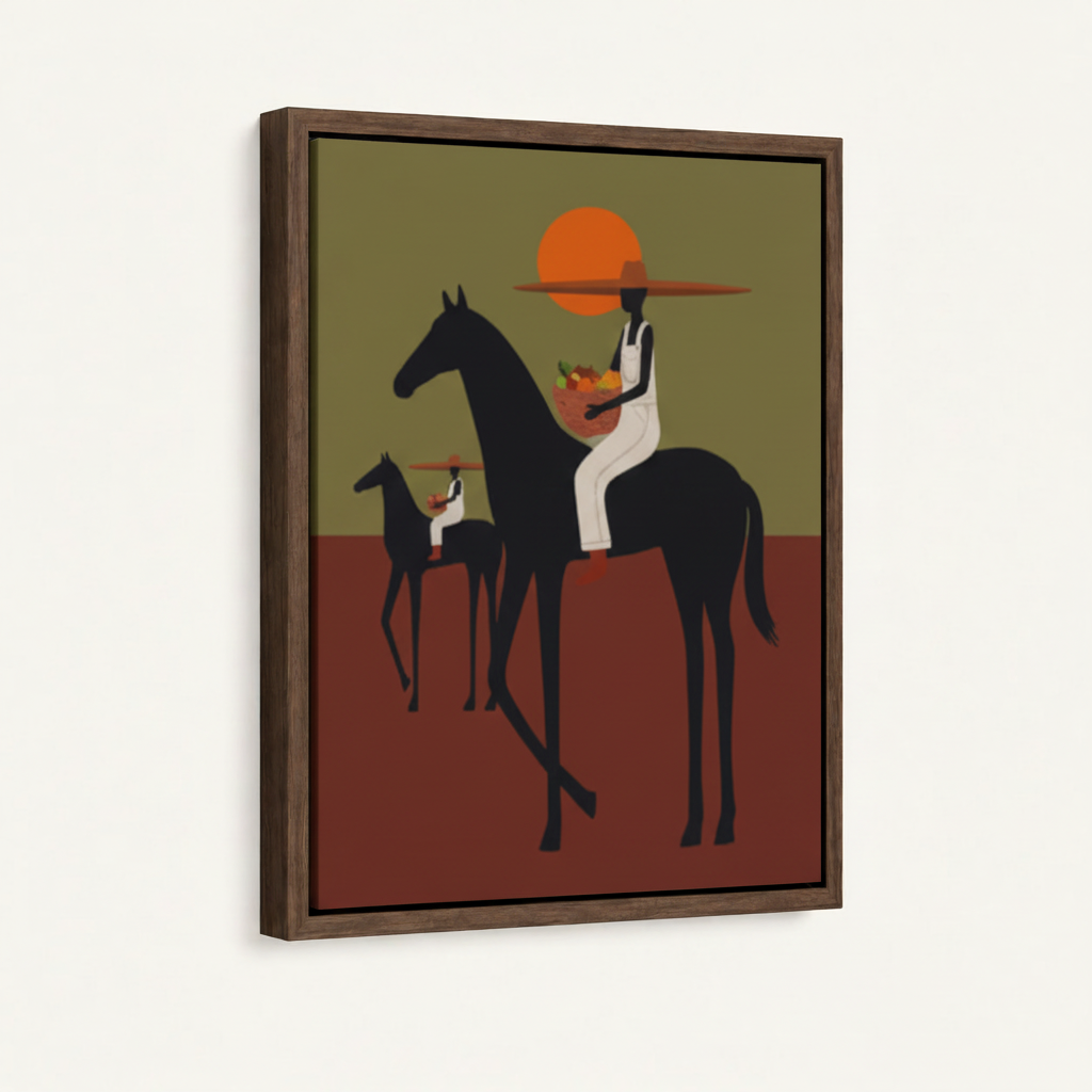 Framed Afrocentric horse canvas print showing black silhouette riders under an orange sun