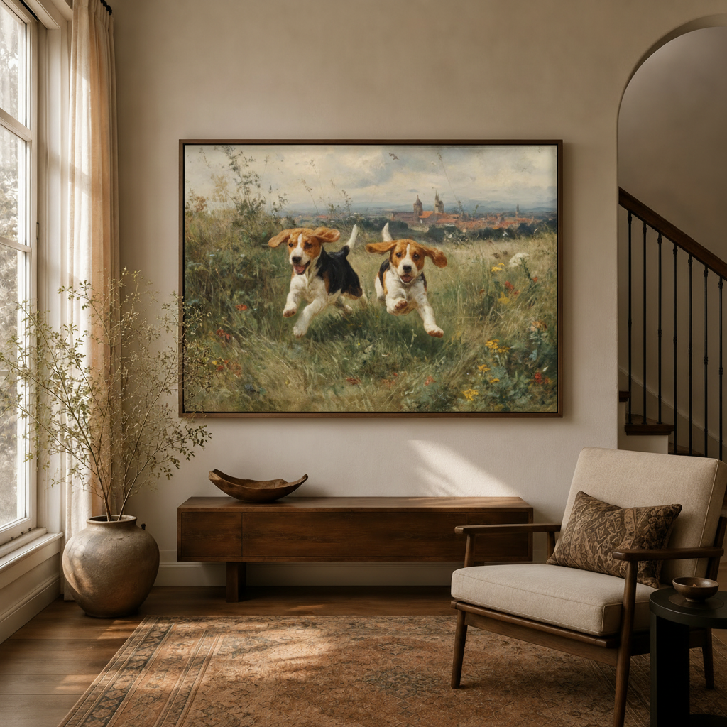 Classical beagle running canvas art hanging in warm entryway beside staircase and linen armchair