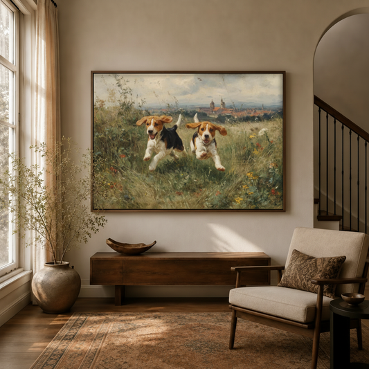 Classical beagle running canvas art hanging in warm entryway beside staircase and linen armchair