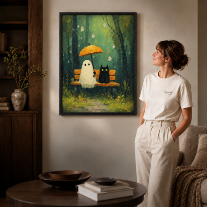 Black-framed ghost and cat sharing a yellow umbrella in a cozy neutral living room.