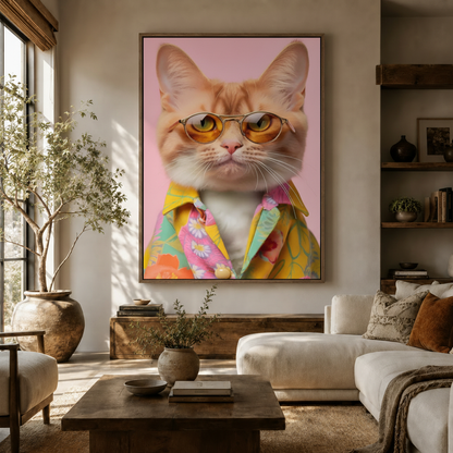 Photorealistic cat portrait canvas wall art hanging in warm modern living room with olive tree