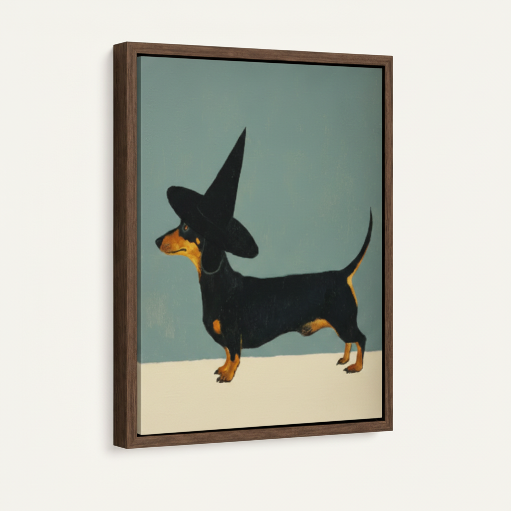 Dachshund witch canvas in dark walnut float frame, angled three-quarter view on white background