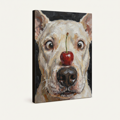 Gallery-wrapped dog cherry nose impasto oil canvas print on white background, angled 3/4 side view