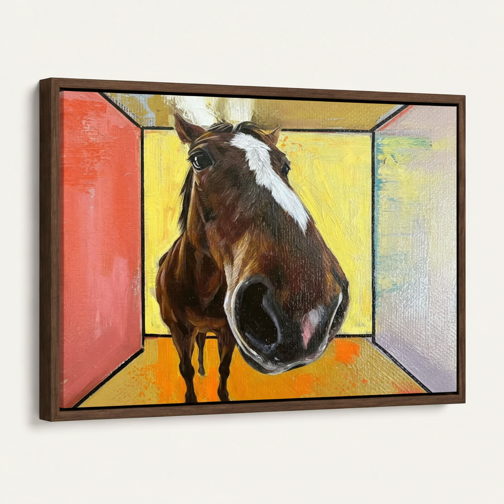 Bold horse pop art framed canvas print in dark walnut float frame at 45-degree angle on white background