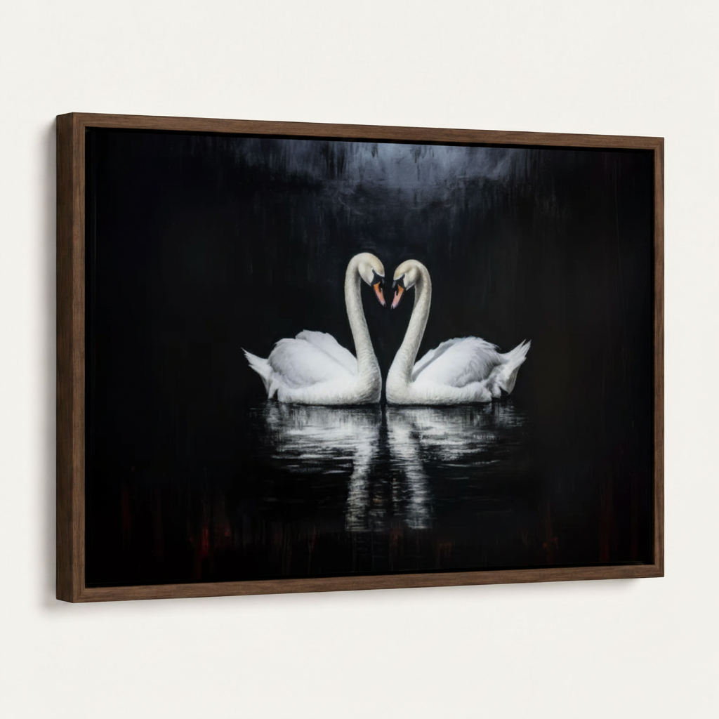 Framed swan love oil painting canvas print with dark walnut float frame angled product view