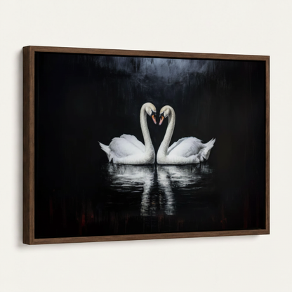 Framed swan love oil painting canvas print with dark walnut float frame angled product view