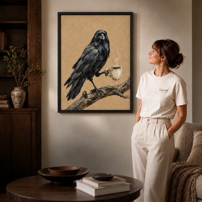 Black-framed raven with coffee canvas wall art beside a woman in white and a round wooden table.