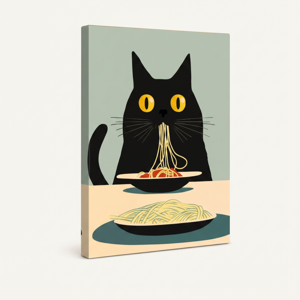 Gallery-wrapped black cat spaghetti canvas print shown at angle on white background