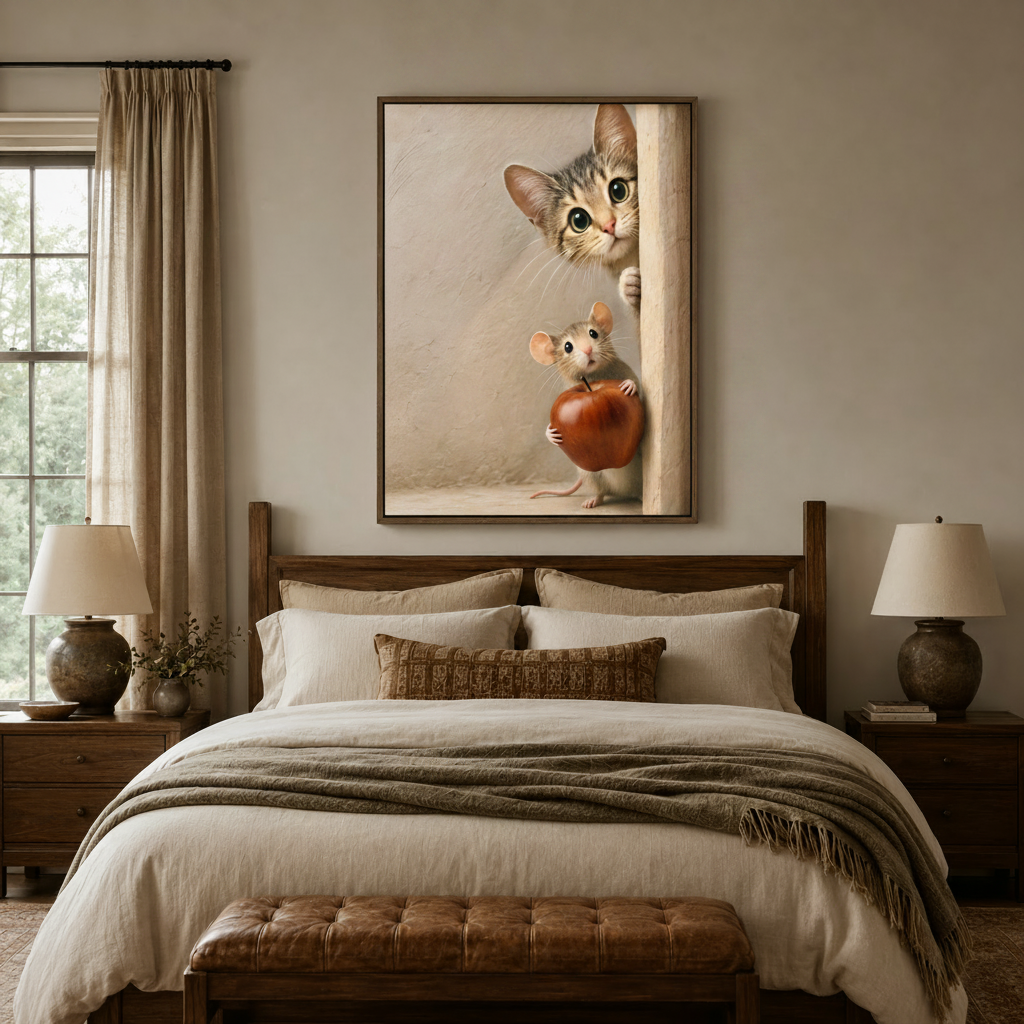 Whimsical cat and mouse canvas hung above dark walnut bed in cozy warm-toned bedroom setting