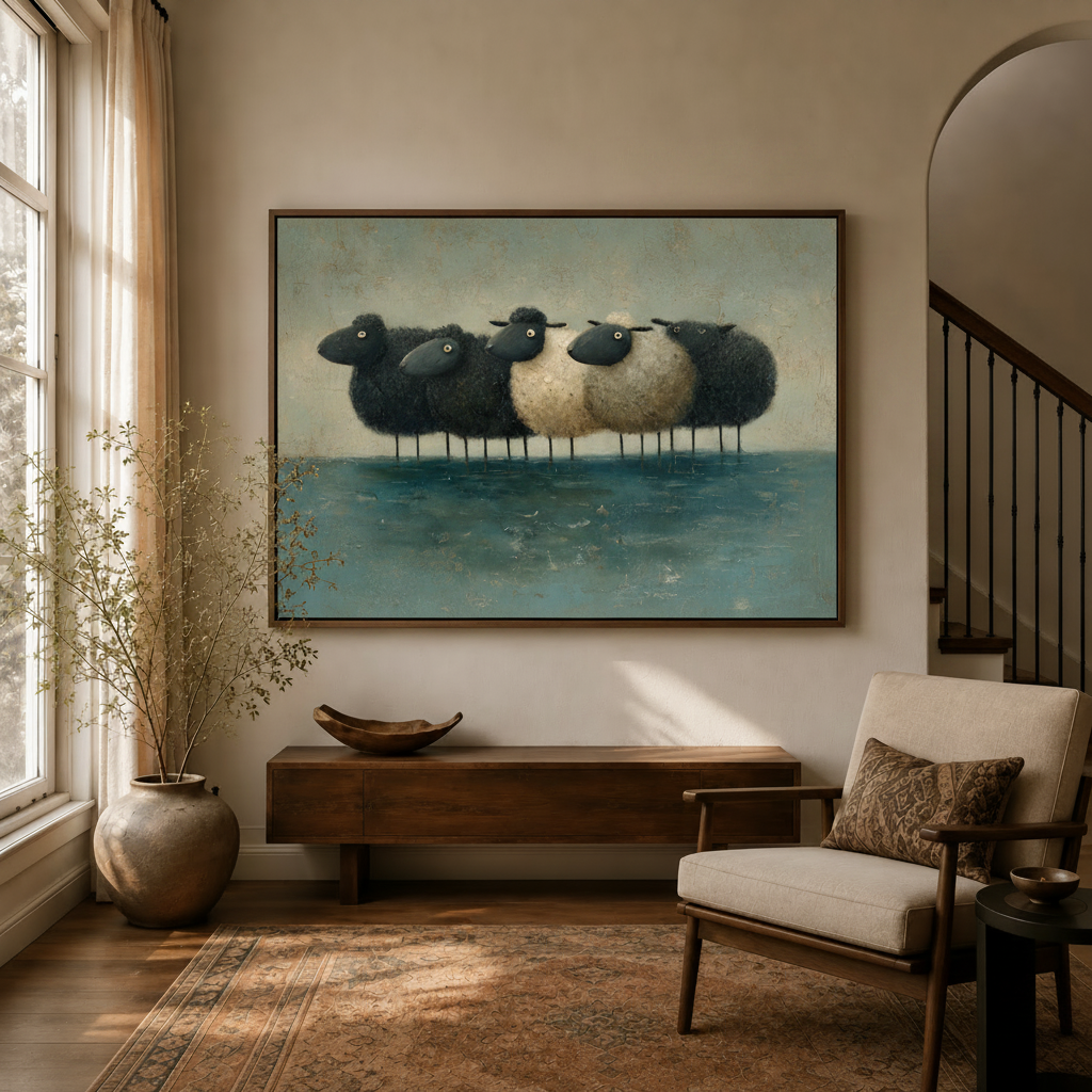 Surreal sheep wading water impasto canvas hanging in warm golden entryway beside staircase console armchair