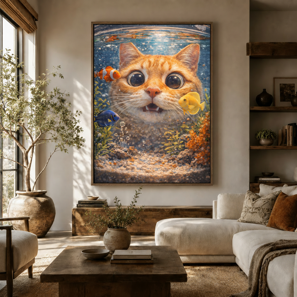  Bold funny cat aquarium canvas art hanging in a bright modern living room above wooden sideboard