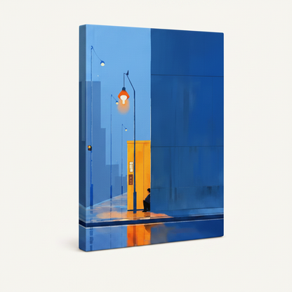 Gallery-wrapped minimalist urban night canvas print shown at angle on cream background