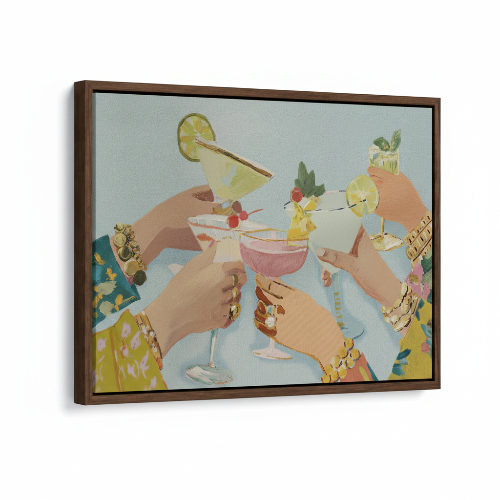 Dark walnut float-framed cocktail toast canvas print, angled product view on white background