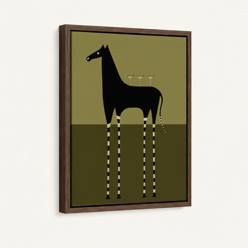 Framed canvas close-up showing black surrealist horse silhouette with striped legs on olive background