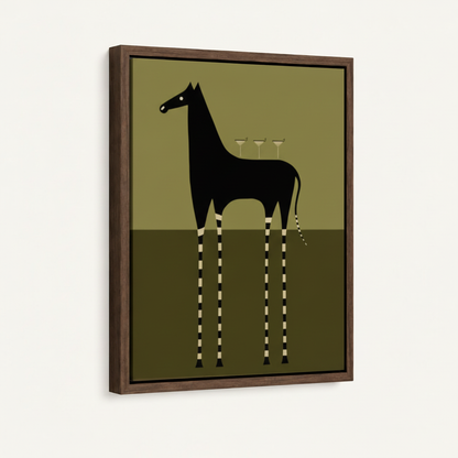 Framed canvas close-up showing black surrealist horse silhouette with striped legs on olive background
