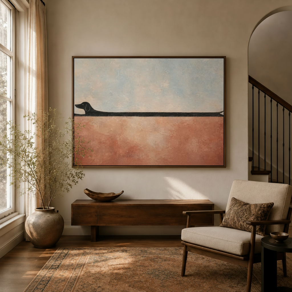  Minimalist black dachshund canvas wall art above walnut console in bright sunlit entryway living room