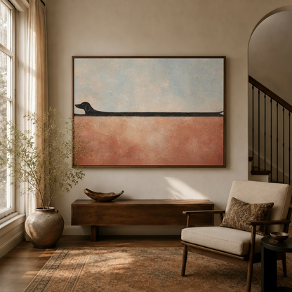  Minimalist black dachshund canvas wall art above walnut console in bright sunlit entryway living room