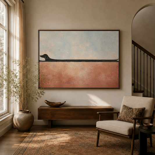  Minimalist black dachshund canvas wall art above walnut console in bright sunlit entryway living room
