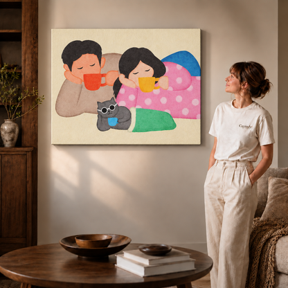 Gallery-wrapped couple and cat canvas wall art shows three colorful mugs beside a woman in white.