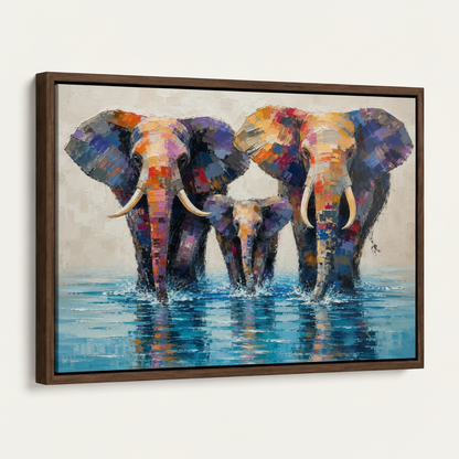 Close-up of a framed abstract elephant canvas print with a dark walnut float frame on white.