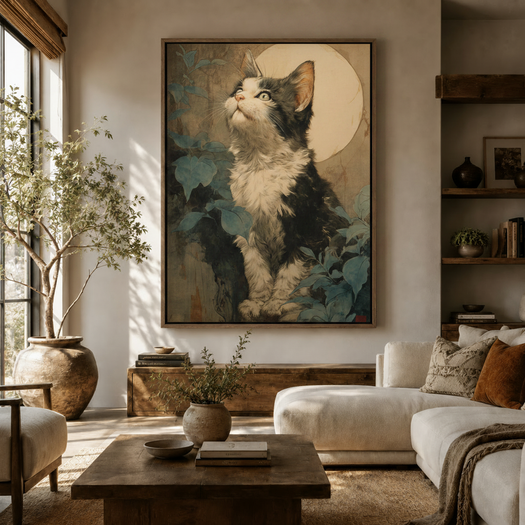 Classical kitten moon botanical canvas in dark frame hung in warm Japandi-style living room