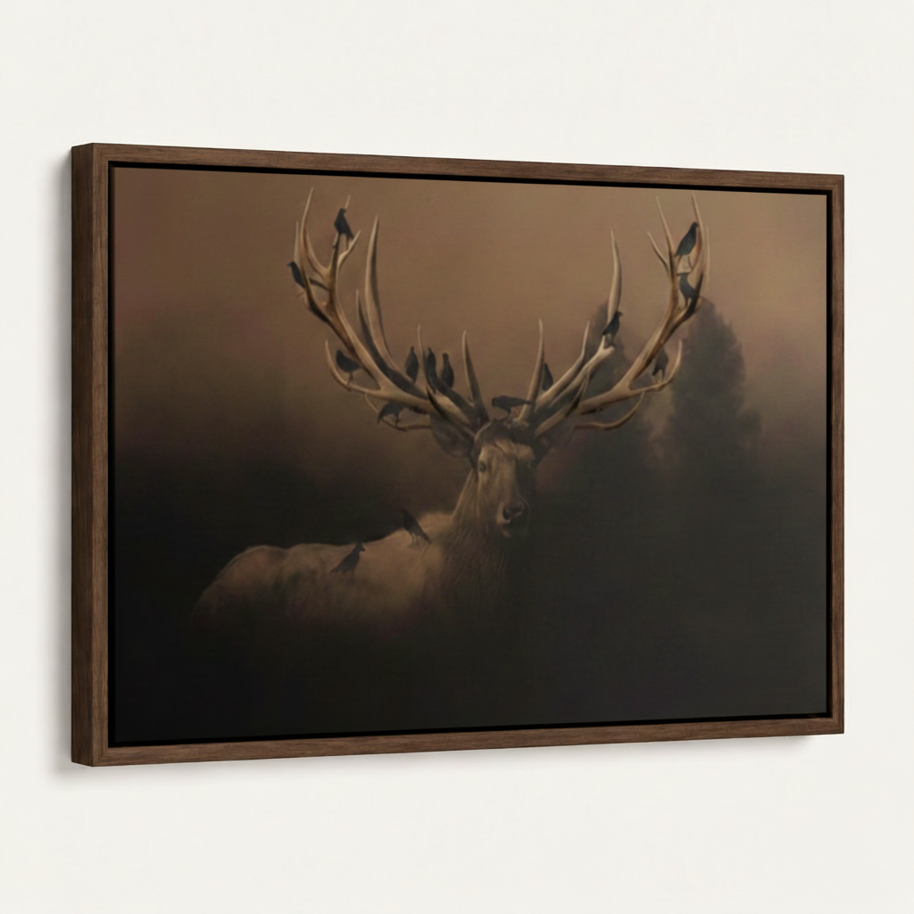 Angled close-up of framed dark stag canvas showing ravens perched on antlers against moody fog background