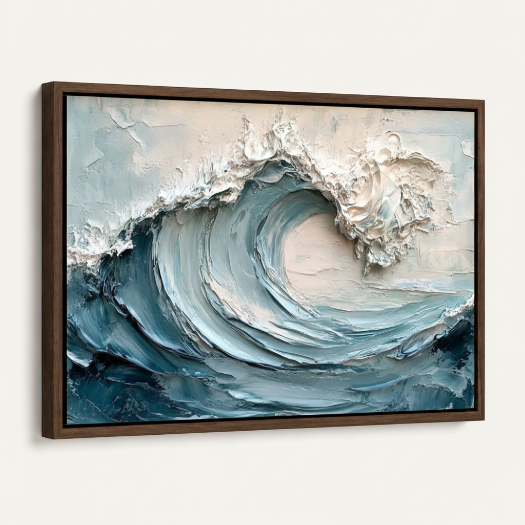 Palette knife ocean wave canvas wall art in dark walnut float frame, angled product view on white background