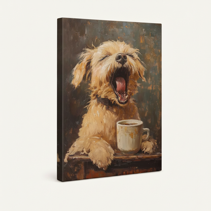 Gallery-wrapped yawning dog canvas print in 3/4 angled product view on white background