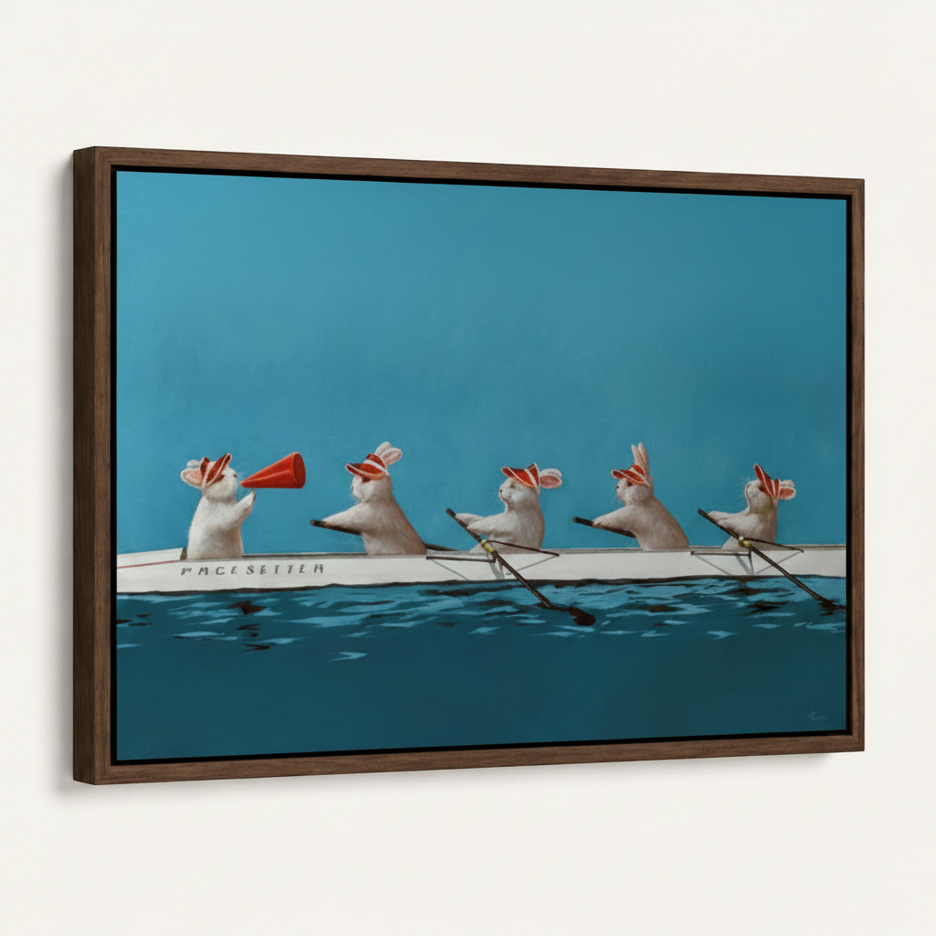 Pacesetter rowing rabbits framed canvas print product mockup on white background angled view