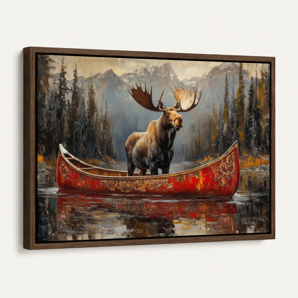 Framed canvas moose red canoe oil painting angled product view on white background
