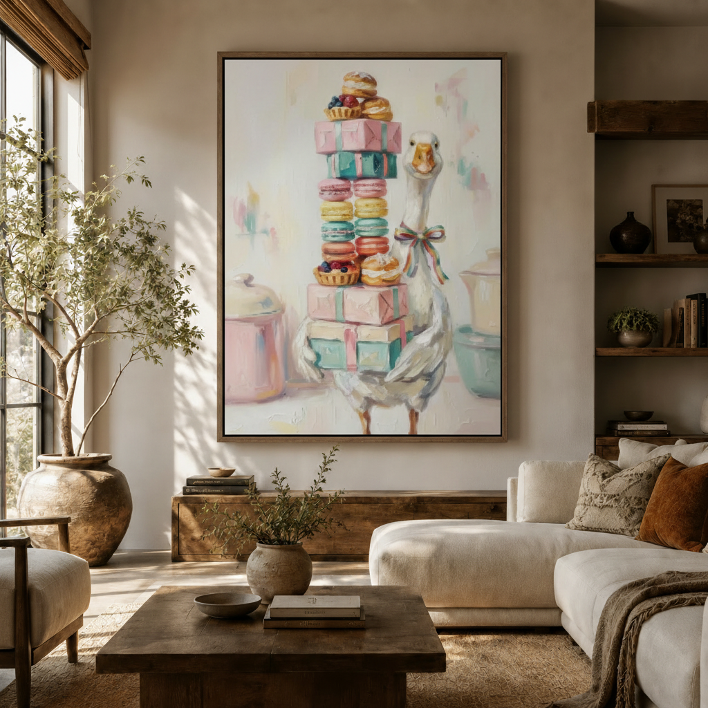 Charming goose balancing macaron gift boxes pastel impasto canvas above dark wood sideboard in living room
