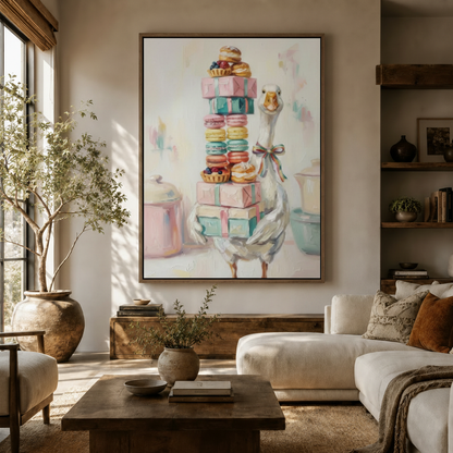 Charming goose balancing macaron gift boxes pastel impasto canvas above dark wood sideboard in living room