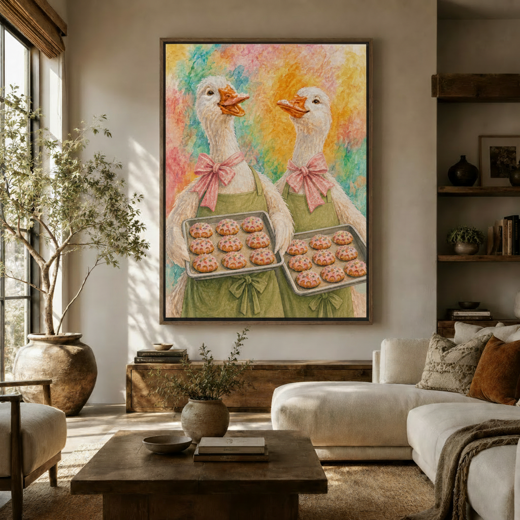  Colorful goose baker wall art in dark frame hung in warm Japandi-style living room