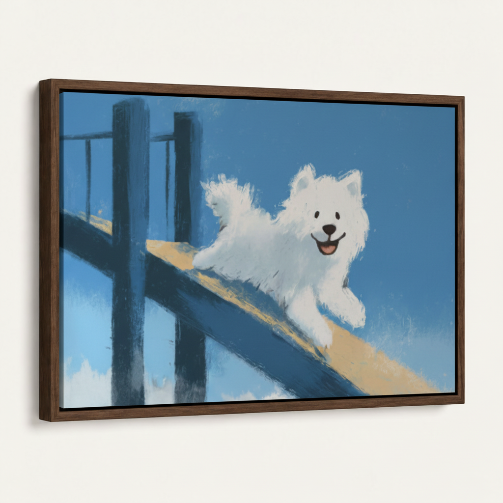 Close view of a smiling white dog relaxing on a poolside diving board