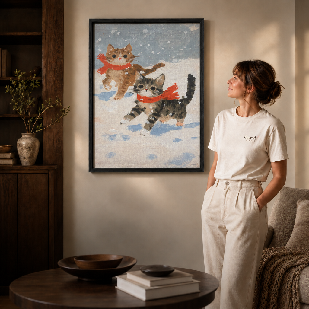 framed snow cats wall art in a cozy living room with a woman gazing at falling snow
