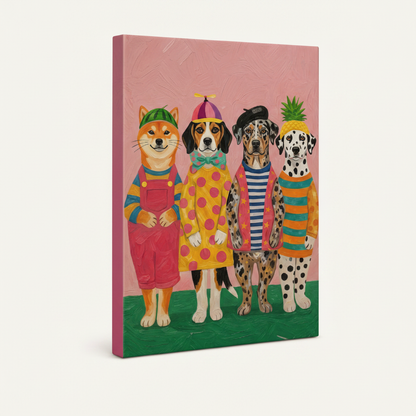Gallery-wrapped pop art dogs canvas, angled product view showing thin pink side edge