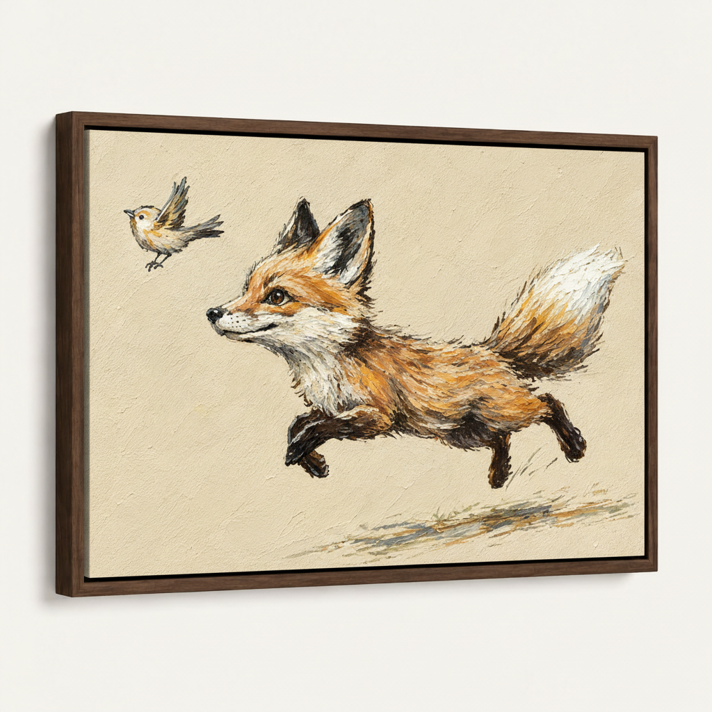 Framed running fox and bird canvas art shown at an angled view