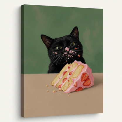 Gallery-wrapped black cat strawberry cake canvas print displayed at angle showing painted canvas sides