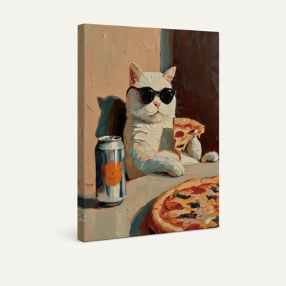 Gallery-wrapped canvas of white cat in sunglasses eating pizza impasto painting on off-white background