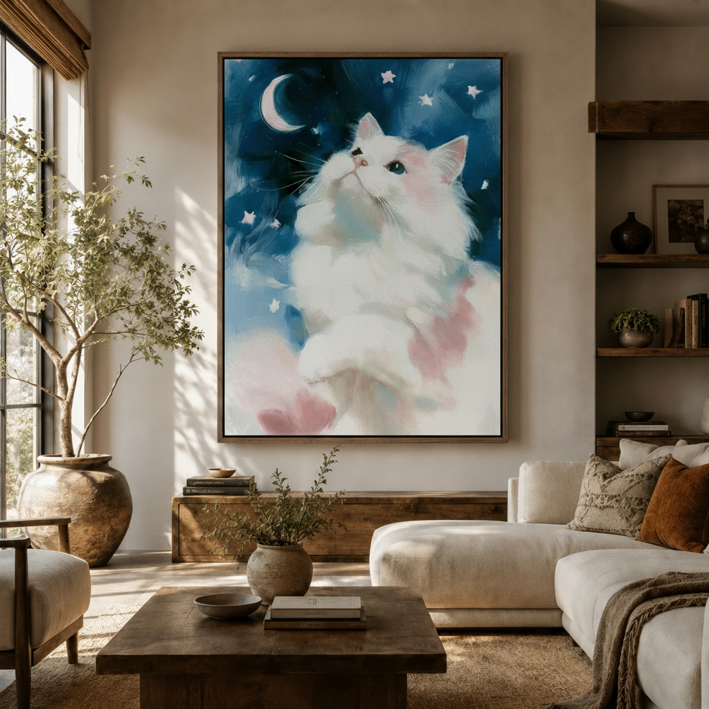 Whimsical white cat gazing at crescent moon canvas art hanging in a bright boho living room with linen sofa