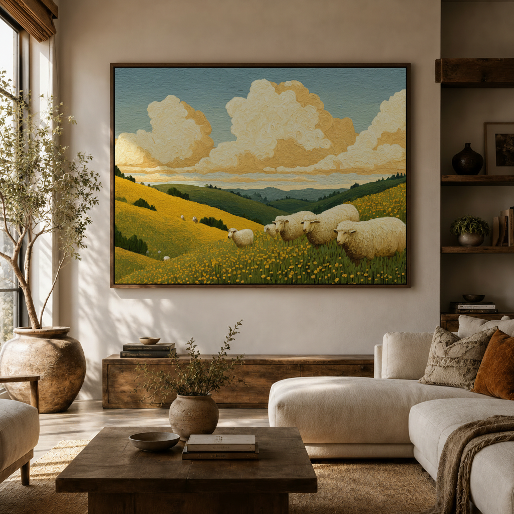 Large impasto sheep golden meadow dramatic cloud landscape canvas above walnut console in modern living room