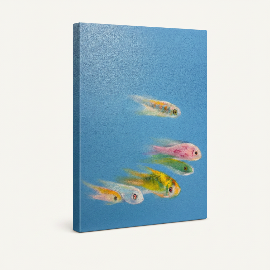 Gallery wrapped colorful fish canvas art angled product shot on white background