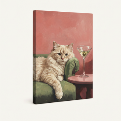 Gallery wrapped martini cat retro illustration canvas print with dark sides shown at angle on white background