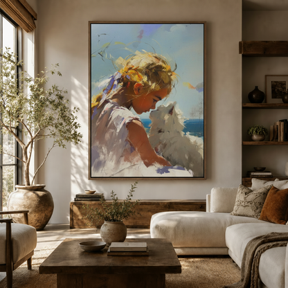 Large girl and cat coastal canvas wall art hung above sideboard in warm modern living room